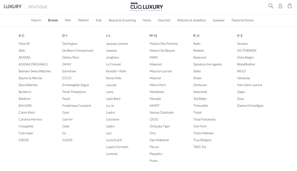 tata cliq luxury 商品カテゴリー